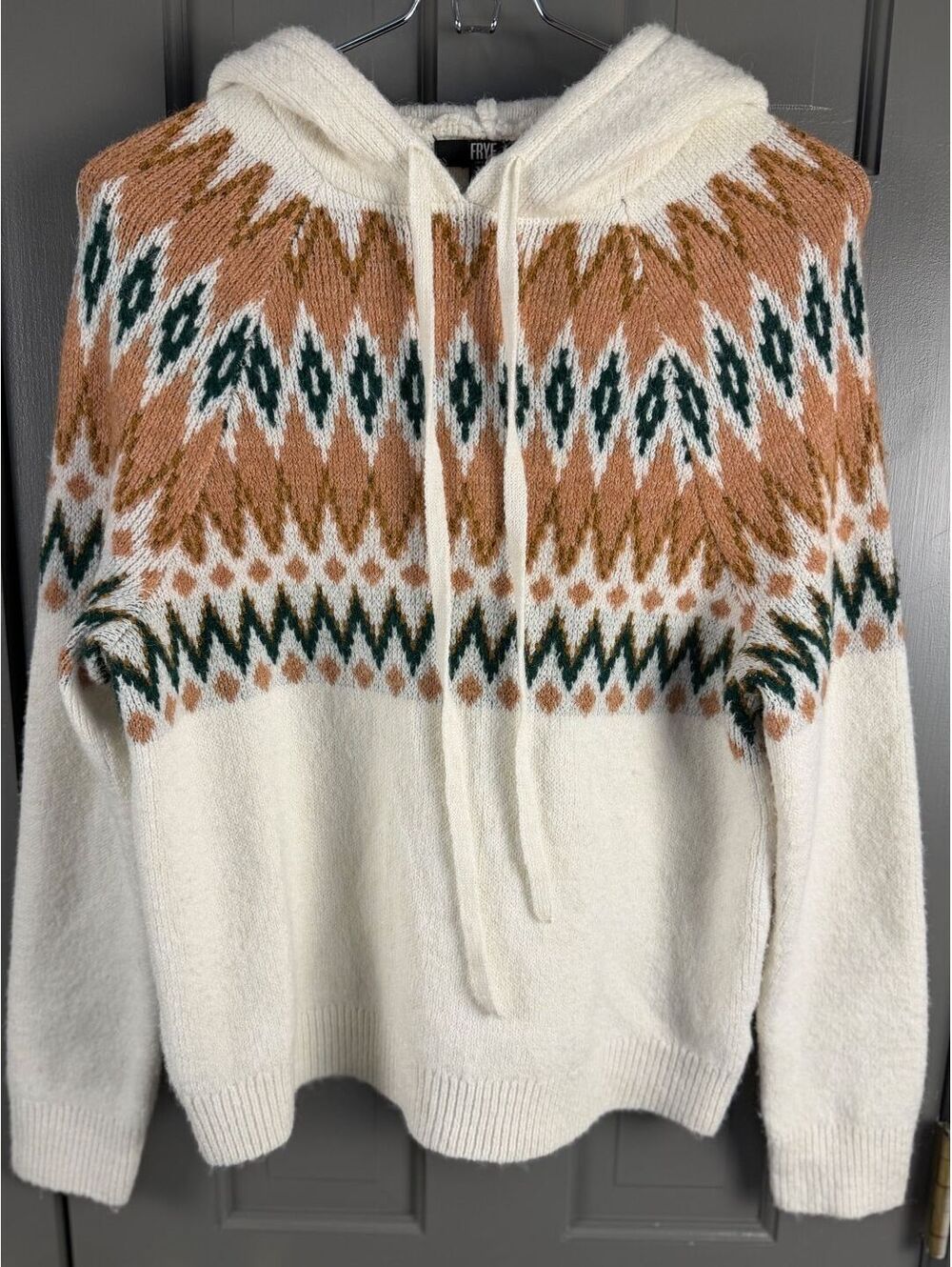 FRYE Women's Cozy Fair Isle Knit Hooded Sweater – Cream Rust Green Sz S